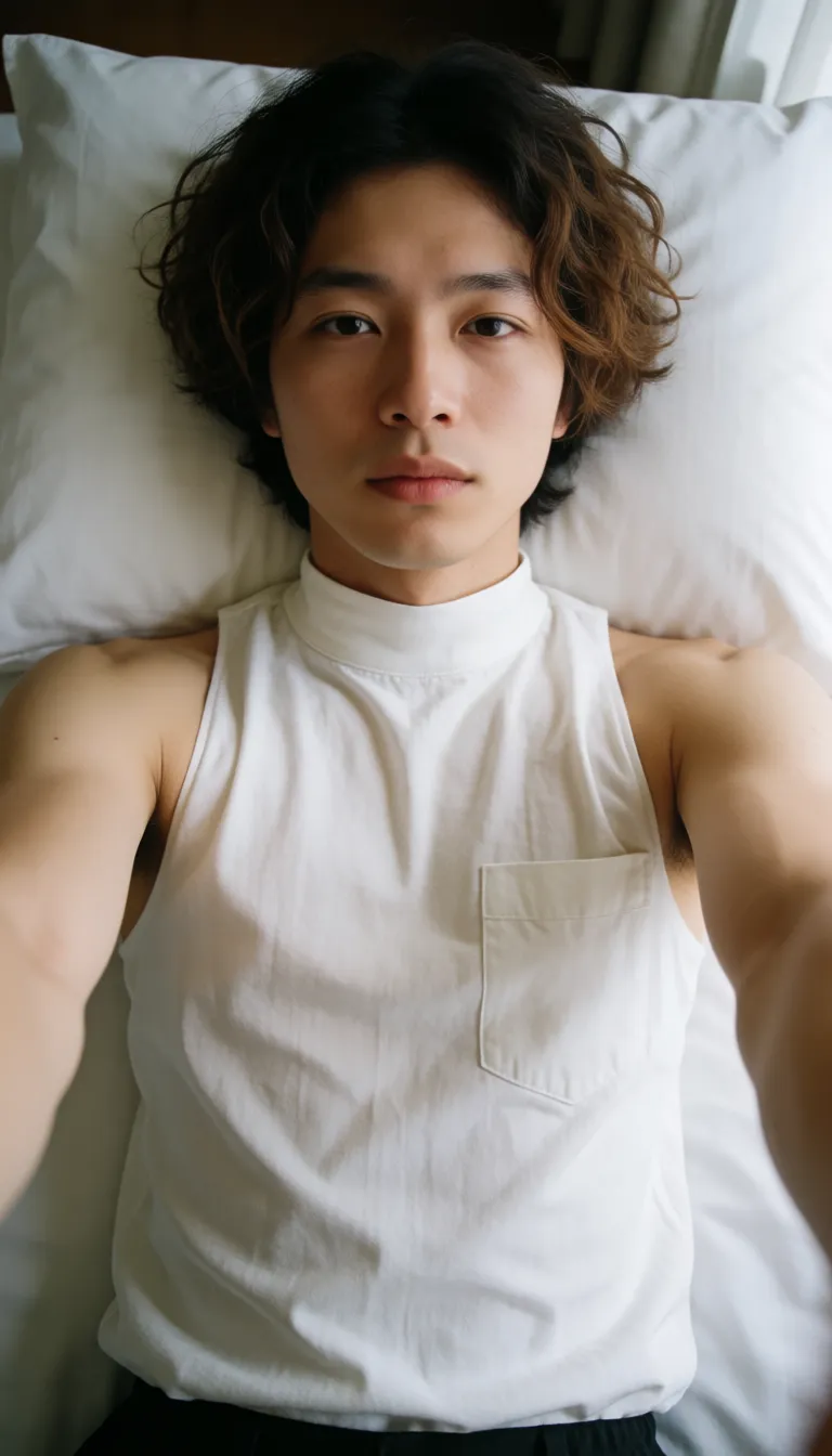 a photograph, First-person POV, camera from standing eye level, looking downward. At the center, the main focus, Kenji-kun is having anal sex on bed laying on his back, looking up to viewer with eager expression. From the camera position, POV-crotch with penetrating erect penis and POV-hands grabbing Kenji's thighs are partially visible, cropped by the frame. Indoor daylight illumination coming from a side.
Kenji-kun is a 22 year old adult femboy with lean built. He is crossdressing in a shiny dyed translucent skin-tight latex bodysuit, slightly hazed translucency by obsidian undertone and high-gloss, both throughout. The bodysuit have sleeveless design, high leg attachment seams reaching up to his narrow waist, high mock-neck and leaves the shoulders exposed. The garment snugs around the body's slender silhouette, tight fabric spans across recesses along muscle insertions as a taut translucent membrane, smooth and shallow, held at the surrounding prominences, filtering a dim, diffused light tinted by the skin beneath.
There is a protruding bulge at the crotch formed from the membrane of the bodysuit, taking the shape of flaccid male genitals. There is an anus cutout, beneath the bulge. He features lip-gloss, feminine makeup, long eyelashes, jaw-length wavy feminine tousled hair, intricate expressive facial an eye details, narrow waist and thick thighs. The garment's tight shape implies sculpted narrow waist and flat pectorals, hip dips, hip bone ridges, groin crease, ab midline, the lower attachment lines of obliques and defined muscular quads., natural colour, neutral white balance, true to life skin tone, gentle contrast, fine film grain, smooth clear skin, strikingly beautiful, radiant complexion, early twenties