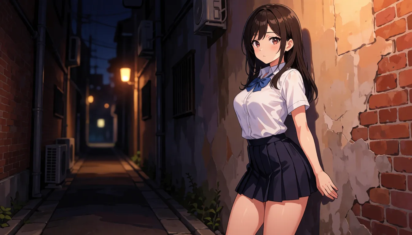 hentai anime art, a slim and petite women is pinned to the against_wall in a dark alley at night. her breast_press against_wall.her panties down her legs her uniform clothes_lift up. large_breasts ., clean lineart, smooth cel shading, glossy highlights, saturated warm colour, drawn illustration, strikingly beautiful, radiant complexion, early twenties
