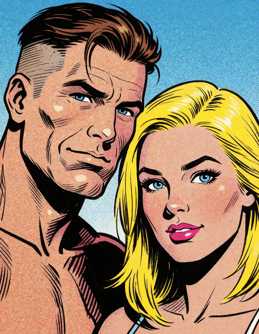 comic book art, A handsome, naked 50 year old man and beautiful woman have sex on a tropical paradise. She has bikini tanlines His hair is an undercut style with the top combed back. The woman is a curvy blonde with blue eyes and medium length hair. Her pubic hair is trimmed in a neat triangle., bold black ink outlines, halftone dot shading, cross hatched shadows, flat four colour print palette, hard high contrast comic inking, printed comic page, strikingly beautiful, radiant complexion, early twenties