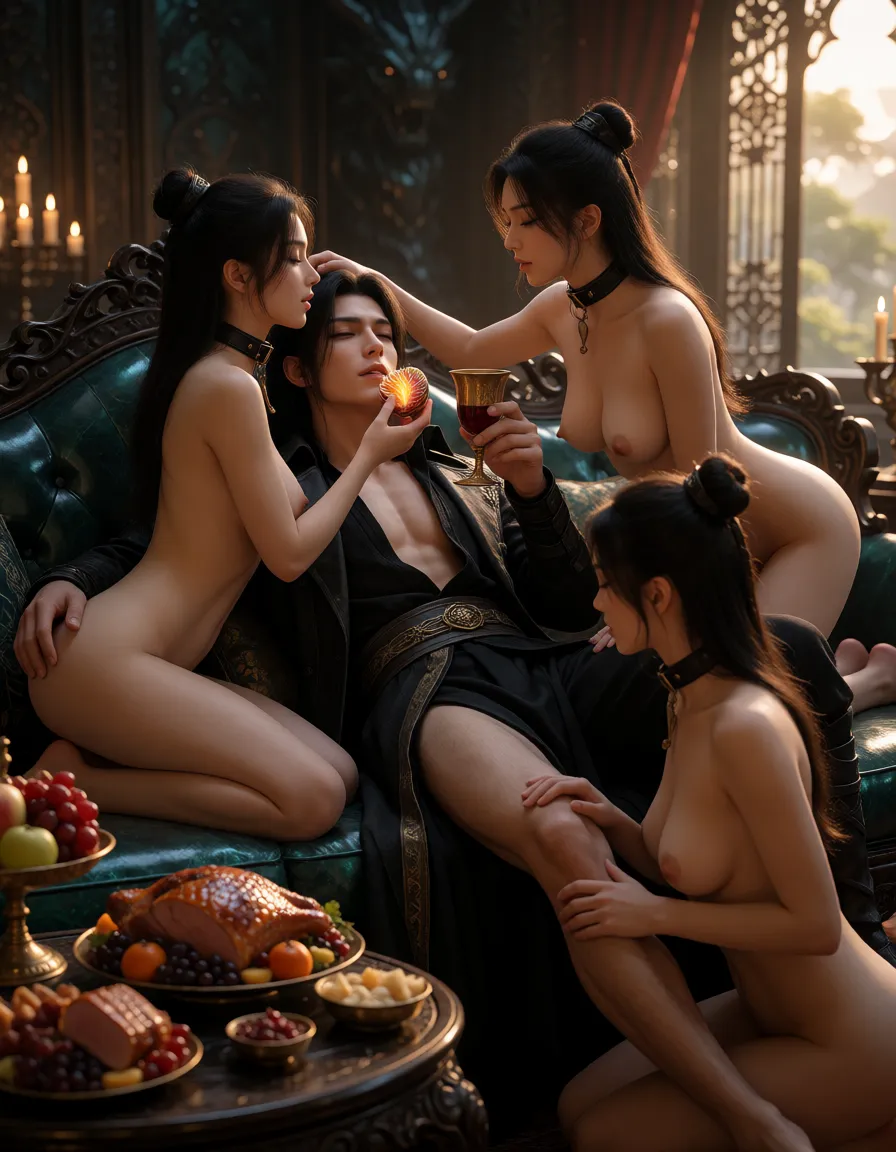 a photograph, Medium wide shot, three-quarter side angle, cinematic lighting. A handsome boy with long black hair, pale skin, wearing an open black trench coat with a dark gold sash. He is lying back lazily on a massive luxurious dark jade couch. He has an arrogant, satisfied expression, half-closed eyes, slightly parted lips. > Exactly three naked female slaves wearing black leather collars are serving him. The slave on the left is kneeling, delicately holding a piece of glowing exotic fruit to his mouth, feeding him. The slave on the right is kneeling, holding a gold cup of wine, bringing it to his lips. The third slave is kneeling at his feet, softly massaging his legs. His right hand is casually resting on the head of the feeding slave. His left hand is holding the wine cup. > A low table in front of the couch is filled with exquisite roasted meats, fruits, and delicacies. Dark gothic demonic palace interior, dim warm candlelight, luxurious atmosphere, dark fantasy xianxia style. Highly detailed, uncensored, 8k resolution, realistic anatomy, clear physical interaction, focused composition, hands holding food and cup clearly, no fused bodies, no extra limbs, zero ambiguity., warm golden afternoon daylight, soft natural shadows, warm amber tones, gentle contrast, fine film grain, smooth clear skin, strikingly beautiful, radiant complexion, early twenties