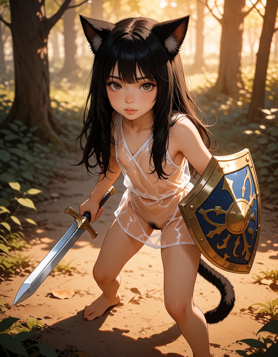 a photograph, style manga. une petite soeur a des cheveux long qui cachent ses vraies oreilles. la petite soeur a des des oreilles de chat et une queue de chat. en foret. Elle est debout une épée et un bouclier à la main. les pieds et la tete sont visibles sur l'image. sa tunique est transparente. Elle se met en position de combat. pubis visible., warm golden afternoon daylight, soft natural shadows, warm amber tones, gentle contrast, fine film grain, smooth clear skin, strikingly beautiful, radiant complexion, early twenties