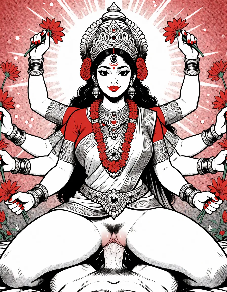comic book art, Maa Durga with multiple arms, Beautiful, ethnicity Hindu, Bengali, red lipstick, Accurate Anatomy, symmetrical body structure, Big chest, Thick thighs and arms, thick pelvis, blouse with intricate patterns and saree , Adorned Heavily in Indian Ornaments, black eyes, POV Sex, Symmetrical Tight Straddling Position, Having sex with viewer, vaginal sex, big all around Mukut Crown, devine radiance, Calm and Graceful Expression, confident smile with Erotic Expressions, flowers around in Symmetrical order, holding flowers, floral necklace,, bold black ink outlines, halftone dot shading, cross hatched shadows, flat four colour print palette, hard high contrast comic inking, printed comic page, strikingly beautiful, radiant complexion, early twenties