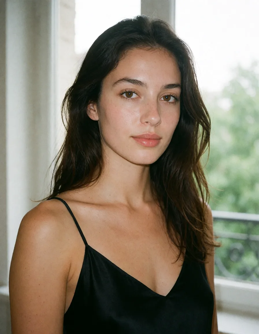 an amateur snapshot, a woman with long dark hair in a black silk slip, soft window light, shot on film, plenty of natural daylight, flat even light, casual unposed snapshot, natural everyday colour, mild noise, natural unretouched skin, strikingly beautiful, radiant complexion, early twenties