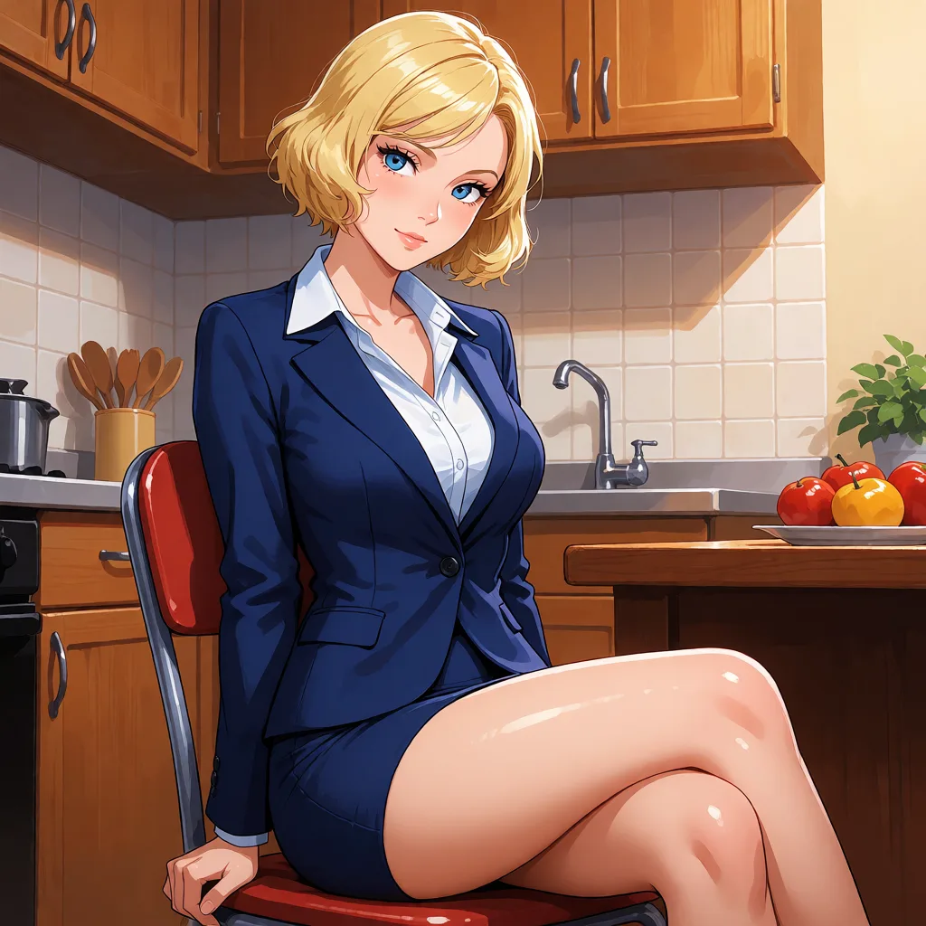hentai anime art, Adult anime, character design by Masaki Kajishima, 1 woman, Jennifer Collins, short blonde hair, blue suit, miniskirt, sitting on a chair, in the kitchen., clean lineart, smooth cel shading, glossy highlights, saturated warm colour, drawn illustration, strikingly beautiful, radiant complexion, early twenties