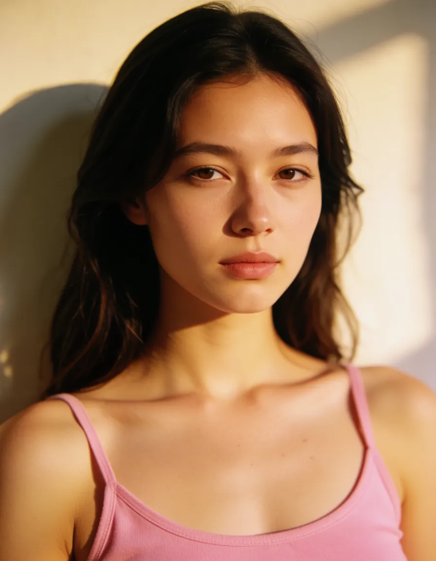 a photograph, a woman with big tight boobs size 38 waist 28 tight pink pussy, warm golden afternoon daylight, soft natural shadows, warm amber tones, gentle contrast, fine film grain, smooth clear skin, strikingly beautiful, radiant complexion, early twenties