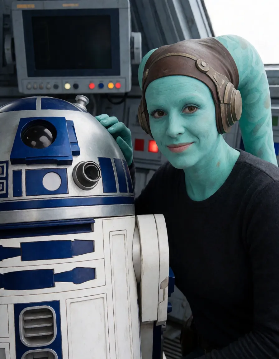an amateur snapshot, Naked female twi'lek Star Wars, twi'lek head, turquoise color skin, chained against R2-D2, big saggy breasts, futuristic slave collar and cuffs, inside deathstar, stationary restraint, monitor, sad, plenty of natural daylight, flat even light, casual unposed snapshot, natural everyday colour, mild noise, natural unretouched skin, strikingly beautiful, radiant complexion, early twenties