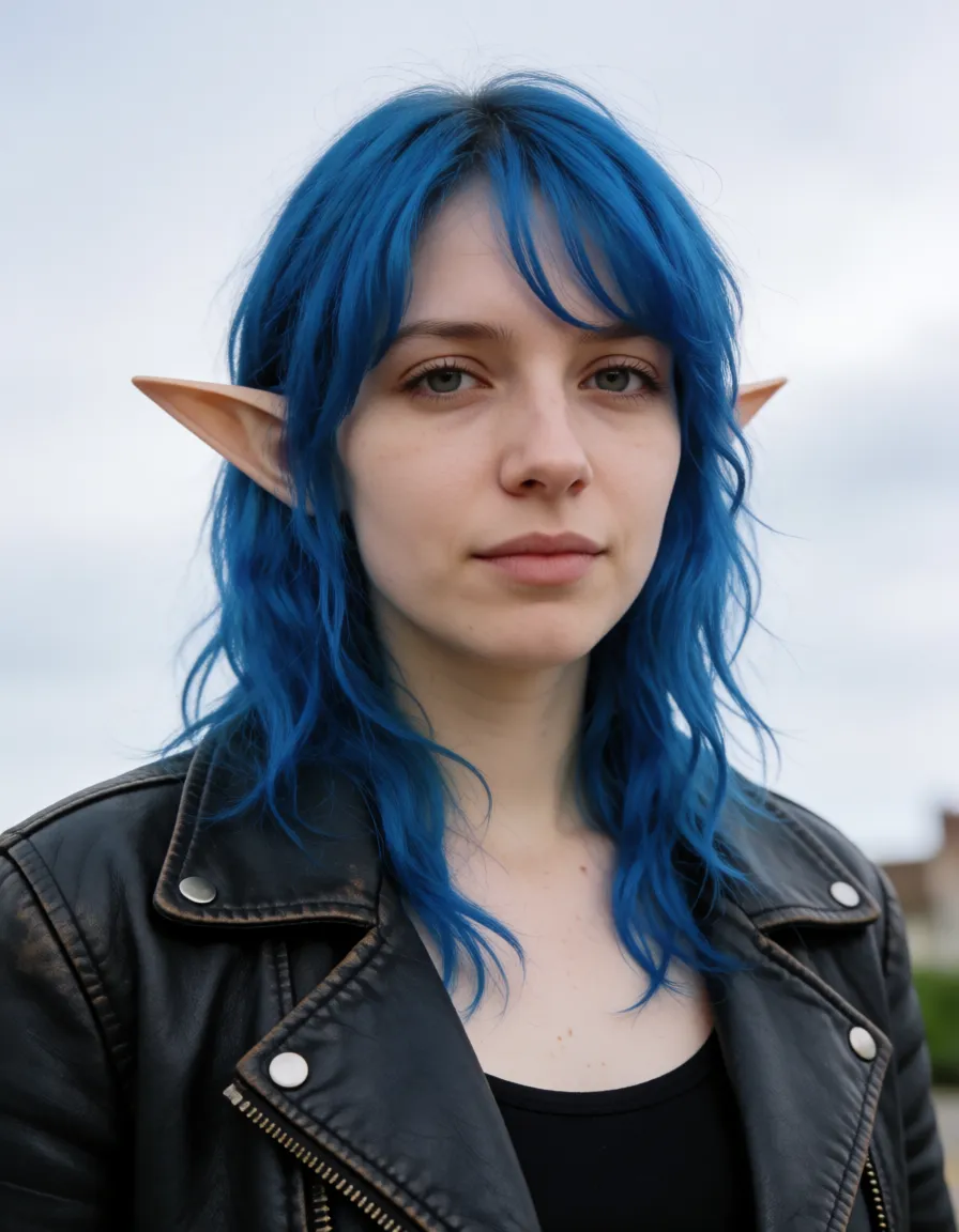 an amateur snapshot, leather jacket blue haired elf fucked in pussy, cowgirl, pussy overflow, plenty of natural daylight, flat even light, casual unposed snapshot, natural everyday colour, mild noise, natural unretouched skin, strikingly beautiful, radiant complexion, early twenties