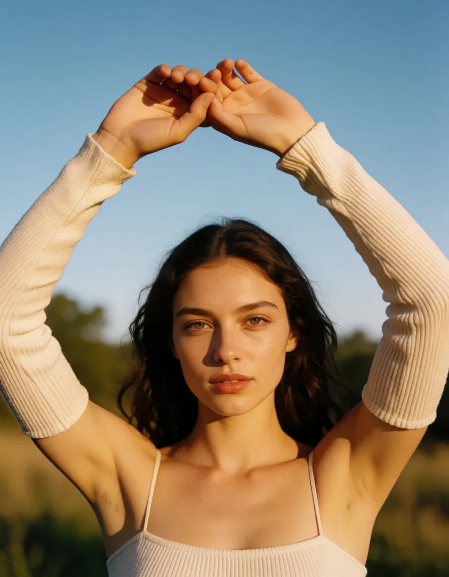 a photograph, 8k, sharp focus, detailed skin, succubus, holding hands, detached sleeves, arms up, blowjob, outdoors, wide shot, spotlight, natural skin texture, warm golden afternoon daylight, soft natural shadows, warm amber tones, gentle contrast, fine film grain, smooth clear skin, strikingly beautiful, radiant complexion, early twenties