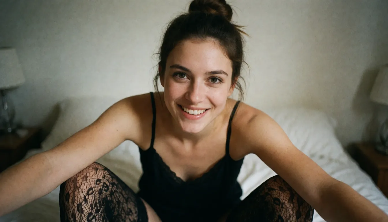 an amateur snapshot, sexy slender 33 yo brunette,
single_hair_bun, fake boobs,
black see-through_clothes ,
black see-through camisole , wet top,
no shoes, no panties,
black pattern stockings,
on all_fours , smiling, arms spread,
gently tied up to the bed, gentle bondage, legs spread,
perfect ass, view from behind,
anal view,
score_9, score_8, cinematic film still, anamorphic, film grain, dramatic lighting, shallow depth of field, score_9, score_8, candid photo, realistic skin texture, visible skin pores, film grain, depth of field, score_9, score_8, candid photo, realistic skin texture, visible skin pores, film grain, depth of field, score_9, score_8, candid photo, realistic skin texture, visible skin pores, film grain, depth of field, plenty of natural daylight, flat even light, casual unposed snapshot, natural everyday colour, mild noise, natural unretouched skin, strikingly beautiful, radiant complexion, early twenties
