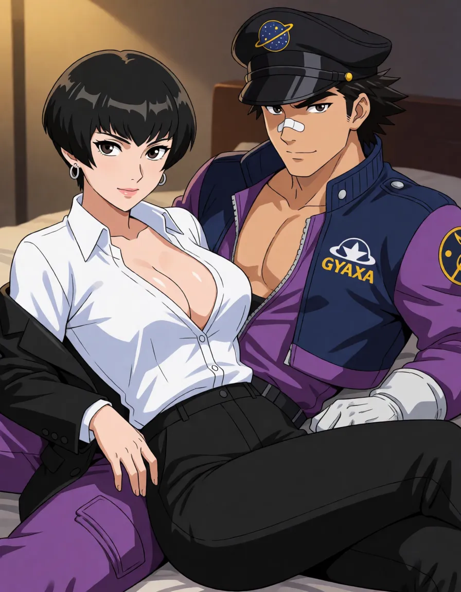 hentai anime art, NSFW, explicit sex, Ace Attorney official art style, clean anime lineart, cel shading, full body,
Candice Arme and Clay Terran having sex in missionary position,
Candice Arme: adult woman, short black bowl-cut bob with bangs, mole under left eye, silver hoop earrings, athletic slim body, medium breasts, lying on her back, white dress shirt unbuttoned and pulled open, black suit jacket still on her arms, black slacks pulled down to one ankle, black flats kicked off, arms around his neck, legs wrapped tightly around his waist locking him inside her, flushed face, parted lips, looking up at him,
Clay Terran: adult man, spiky black hair, black peaked cap with space emblem still on, white bandage on the bridge of his nose, navy-and-purple GYAXA astronaut uniform jacket half-open, purple jumpsuit pulled down to his thighs, white gloves, thrusting into her, one hand under her thigh, the other planted beside her head,
missionary, deep penetration, her legs wrapped around his waist, intimate close bodies, sweat, detailed genitals, wet pussy, vaginal sex, erotic expression, bedroom or dim indoor lighting,
masterpiece, highly detailed, 2D anime illustration, anime, clean lineart, smooth cel shading, glossy highlights, saturated warm colour, drawn illustration, strikingly beautiful, radiant complexion, early twenties