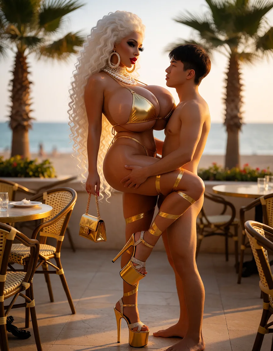a photograph, Little vulgar slut bimbo with huge gigantic breasts, gold shiny fetish-style mini bikini bra and thongs, gold fetish-style shoes with extremely high heels and platforms With rhinestones .massive earrings, long white beads around her neck, very huge longest curly white hair.big red lips huge long lush eyelashes,She has tanned and shiny skin. bright vulgar makeup,small gold handbag on a chain,Her legs are wrapped in gold ribbons.She stands there, flirtatiously lifting her leg.café on the terrace.She thrust her huge breasts forward.On the background Palm trees, the sea, the beach.
She has the largest and greatest breasts in the world. 
Right in front of her stands Chinese man in Short hugging her to the leg. They look each other in the eye.
Side view, warm golden afternoon daylight, soft natural shadows, warm amber tones, gentle contrast, fine film grain, smooth clear skin, strikingly beautiful, radiant complexion, early twenties