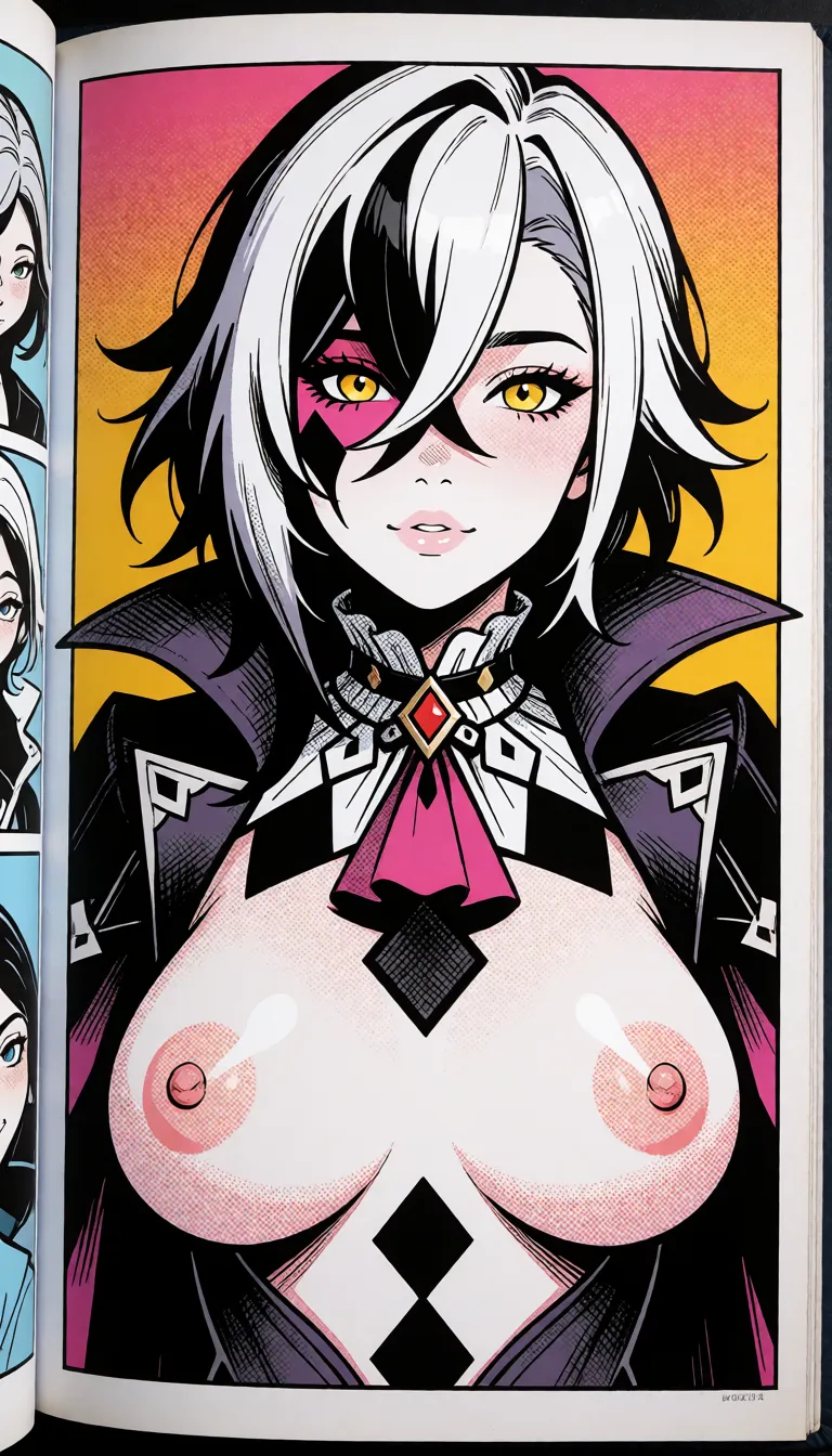 comic book art, Arlequino from vision_(genshin_impact) ahegao cum_on_breasts, bold black ink outlines, halftone dot shading, cross hatched shadows, flat four colour print palette, hard high contrast comic inking, printed comic page, strikingly beautiful, radiant complexion, early twenties