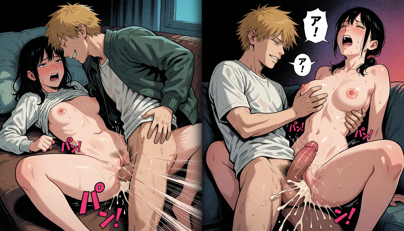 comic book art, (best quality, ultra-detailed, intricate details, detailed background, high-res, rich colors), Chainsaw Man, official art style, Denji, grinning, jacket, Higashiyama Kobeni, clothing disheveled and open, 1 boy and 1woman, layout of two open book pages, one panel on the left page, one panel on the right page. Scene 1: female, looking embarrassed, blushing, lying on her back, panting intensely; male, highly aroused, face-to-face, performing missionary-style sex, thrusting his hips into her pussy at incredible speed, afterimages trailing behind his hips, the Japanese onomatopoeia "Pan!" (representing the sound of hips colliding) in pink text, full-body shot of both characters. Scene 2: male, expression of intense pleasure, woman in a seated position facing away, man fondling her breasts and thrusting his hips to drive his penis deep into her, massive internal ejaculation, the Japanese onomatopoeia "Dopyu!" (representing ejaculation) repeated three times; female, looking distressed yet at the peak of pleasure, gasping/screaming in ecstasy, a speech bubble containing the Japanese onomatopoeia "An!" (representing her moans), full-body shot of both characters. Additional settings: detailed character appearances, cel shading, sharp focus, dynamic composition, lewd language, sound effect text, pink lettering, speech bubbles, dialogue, Japanese text, motion lines, speed lines, set in a living room, deep shadows., bold black ink outlines, halftone dot shading, cross hatched shadows, flat four colour print palette, hard high contrast comic inking, printed comic page, strikingly beautiful, radiant complexion, early twenties