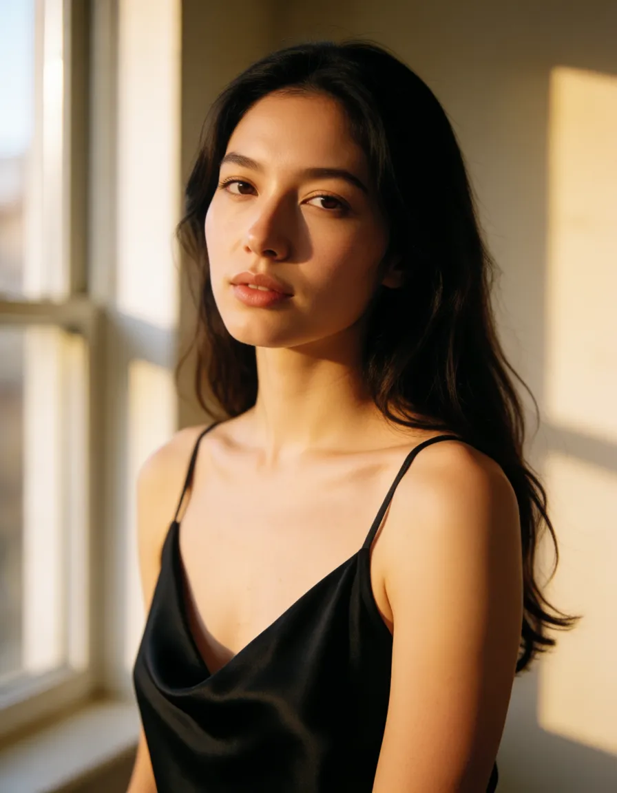 a photograph, a woman with long dark hair in a black silk slip, soft window light, shot on film, warm golden afternoon daylight, soft natural shadows, warm amber tones, gentle contrast, fine film grain, smooth clear skin, strikingly beautiful, radiant complexion, early twenties