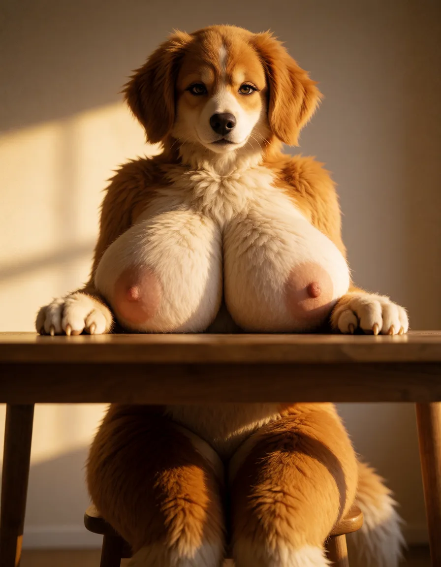 a photograph, 1 furry woman, dog woman, huge breasts, curvy body, big hips, giant breasts, naked, not a human, furry dog, front view, dog face, fur on breasts all in fur, She is sitting at the table, the view from under the table is on her, warm golden afternoon daylight, soft natural shadows, warm amber tones, gentle contrast, fine film grain, smooth clear skin, strikingly beautiful, radiant complexion, early twenties