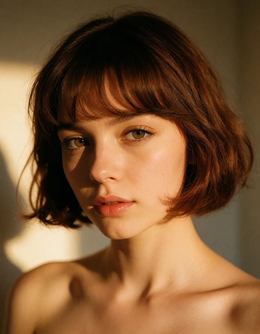 a photograph, Tiny velma dinkley, deepthroat,, warm golden afternoon daylight, soft natural shadows, warm amber tones, gentle contrast, fine film grain, smooth clear skin, strikingly beautiful, radiant complexion, early twenties