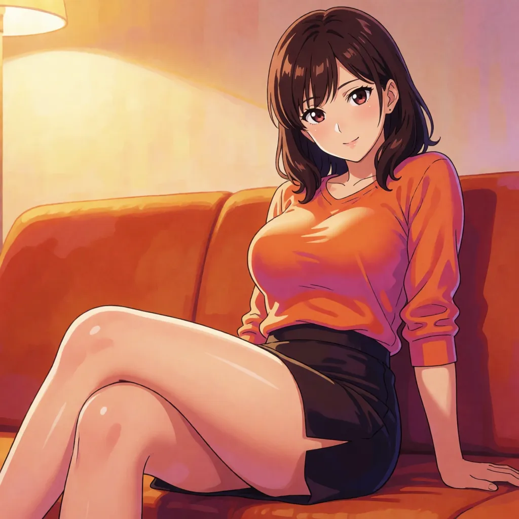hentai anime art, Hentai anime, *saimin seishidou* (hypnotic sexual guidance), character design by Aiue Oka; a woman named Reika Kurashiki is sitting on a sofa., clean lineart, smooth cel shading, glossy highlights, saturated warm colour, drawn illustration, strikingly beautiful, radiant complexion, early twenties