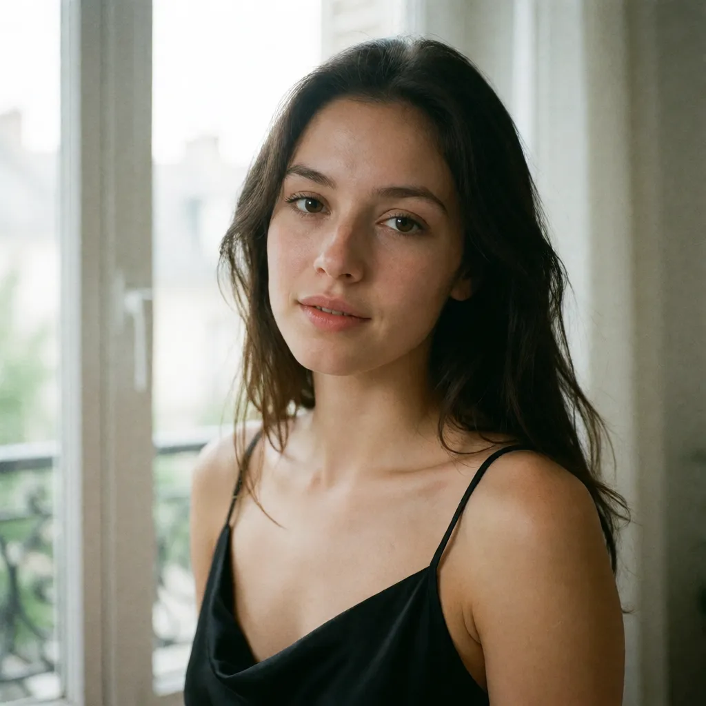 an amateur snapshot, a woman with long dark hair in a black silk slip, soft window light, shot on film, plenty of natural daylight, flat even light, casual unposed snapshot, natural everyday colour, mild noise, natural unretouched skin, strikingly beautiful, radiant complexion, early twenties