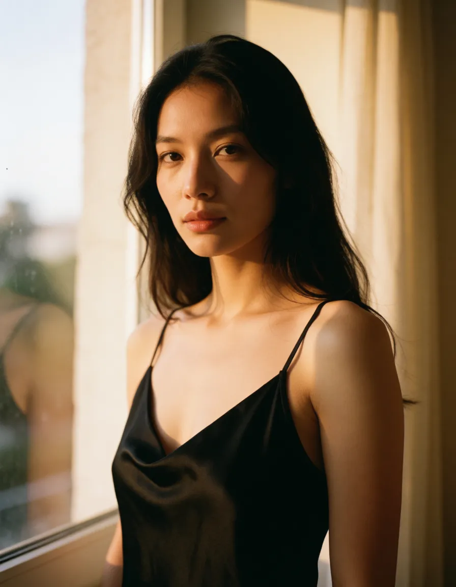 a photograph, a woman with long dark hair in a black silk slip, soft window light, shot on film have sex with a muskular man, warm golden afternoon daylight, soft natural shadows, warm amber tones, gentle contrast, fine film grain, smooth clear skin, strikingly beautiful, radiant complexion, early twenties