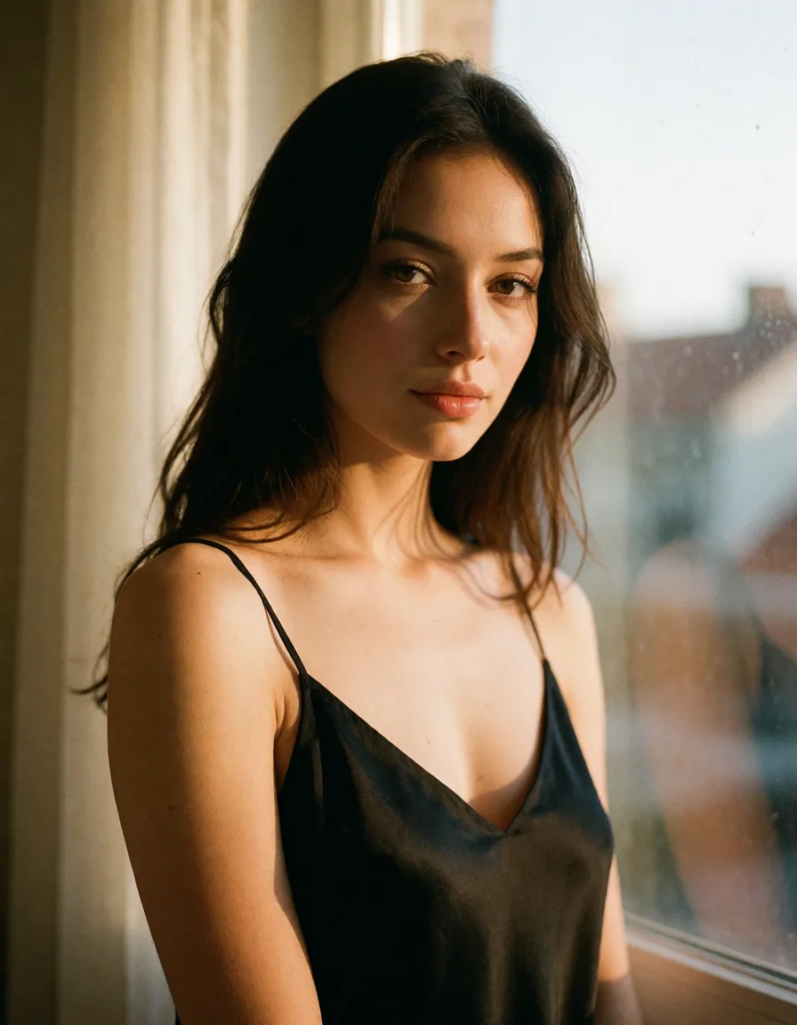 a photograph, a woman with long dark hair in a black silk slip, soft window light, shot on film, warm golden afternoon daylight, soft natural shadows, warm amber tones, gentle contrast, fine film grain, smooth clear skin, strikingly beautiful, radiant complexion, early twenties