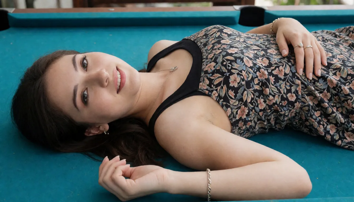 an amateur snapshot, A young woman is lying on her back on the pool table, resting. She is naked, with her legs spread apart. She is wearing jewelry and makeup. Her hands are tied with a rope. A clear view of her pussy, from which cum is dripping., plenty of natural daylight, flat even light, casual unposed snapshot, natural everyday colour, mild noise, natural unretouched skin, strikingly beautiful, radiant complexion, early twenties