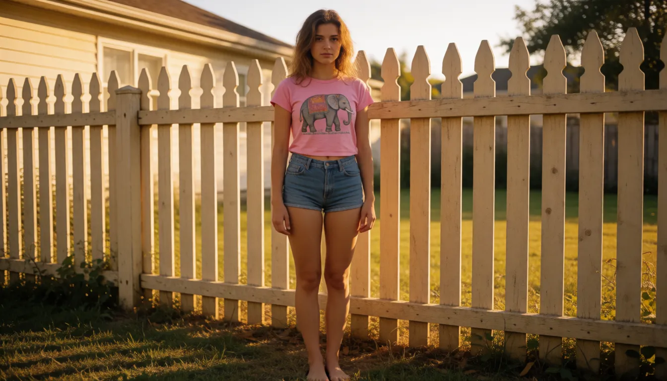 a photograph, An 18-year-old adol woman. She is barefoot, wearing tight denim shorts and a pink T-shirt with an elephant printed on it. Her sexual characteristics are visible through the fabric. She is tied to a picket fence in the backyard. It is raining, and she is soaked and freezing. A 30-year-old man gives her a hard  BDSM Session., warm golden afternoon daylight, soft natural shadows, warm amber tones, gentle contrast, fine film grain, smooth clear skin, strikingly beautiful, radiant complexion, early twenties