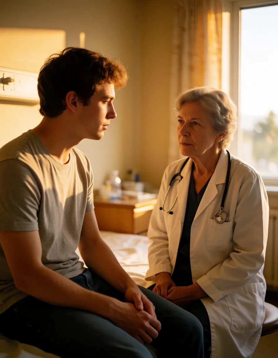 a photograph, At the hospital, in an examination room: an 18-year-old male patient and a 60-year-old female doctor. Hardcore sex; semen dripping from her vagina., warm golden afternoon daylight, soft natural shadows, warm amber tones, gentle contrast, fine film grain, smooth clear skin, strikingly beautiful, radiant complexion, early twenties