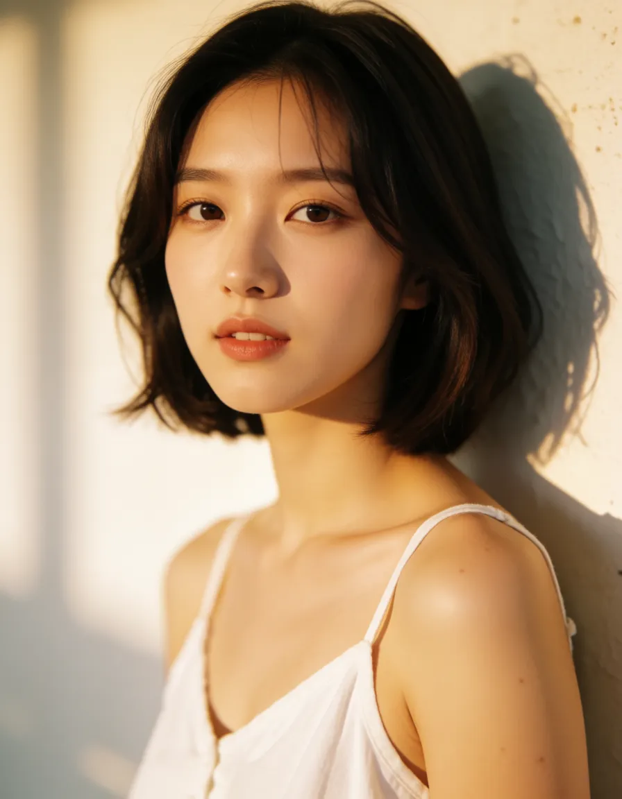 a photograph, Beautiful korean woman, bob hair, fucked, sex_from_behind, penis entered pussy, standing_on_one_leg, big tits,, warm golden afternoon daylight, soft natural shadows, warm amber tones, gentle contrast, fine film grain, smooth clear skin, strikingly beautiful, radiant complexion, early twenties