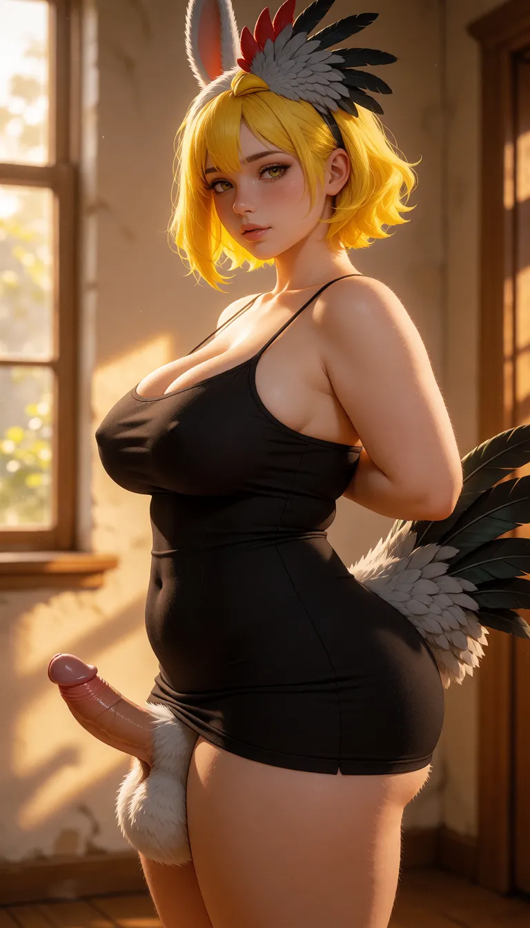 a photograph, futa,short yellow hair,fat square grey horsecock,one piece,bunny,furry,white fur,grey horsecock,big ass,thick thighs,tight black dress,half errect cock, warm golden afternoon daylight, soft natural shadows, warm amber tones, gentle contrast, fine film grain, smooth clear skin, strikingly beautiful, radiant complexion, early twenties