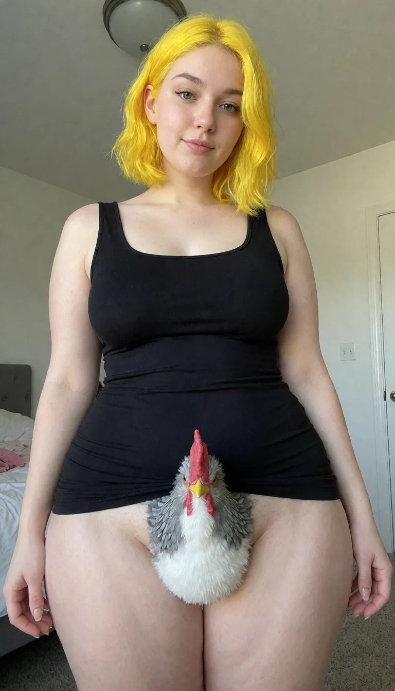 an amateur snapshot, futa,short yellow hair,fat square grey horsecock,one piece,bunny,furry,white fur,grey horsecock,big ass,thick thighs,tight black dress,half errect penis, plenty of natural daylight, flat even light, casual unposed snapshot, natural everyday colour, mild noise, natural unretouched skin, strikingly beautiful, radiant complexion, early twenties