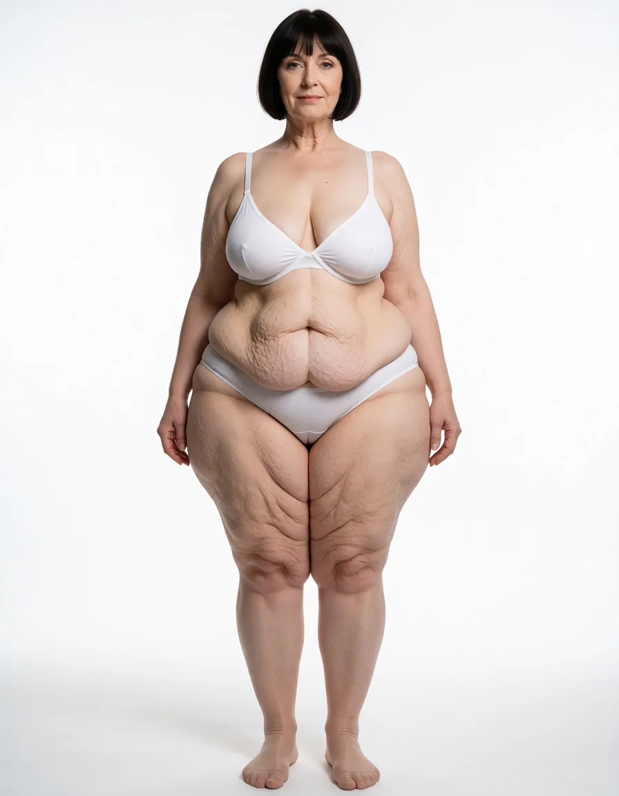 a studio photograph, Small flabby deflated teardrop shaped boobs, short straight dark bobcut hair with bangs, narrow sexy wrinkled face, narrow wrinkled neck, 55 years old very pale goddess, (((slim upper body with massive fat legs))), fat lumpy thighs, fat deposits in thighs, narrow hips, hip dips, big knees, severe sagging flabby stretch marked muffin top stomach with love handles and fat rolls (hyper fat legs like a grandma), gigantic ugly thighs, chunky blubbery thighs,(front view of entire head, body and legs and feet), flabby arms, wearing sexy white cotton lingerie and sheer pantyhose, even shadowless studio light, plain white background, clean rich colour, flawless polished skin, strikingly beautiful, radiant complexion, early twenties