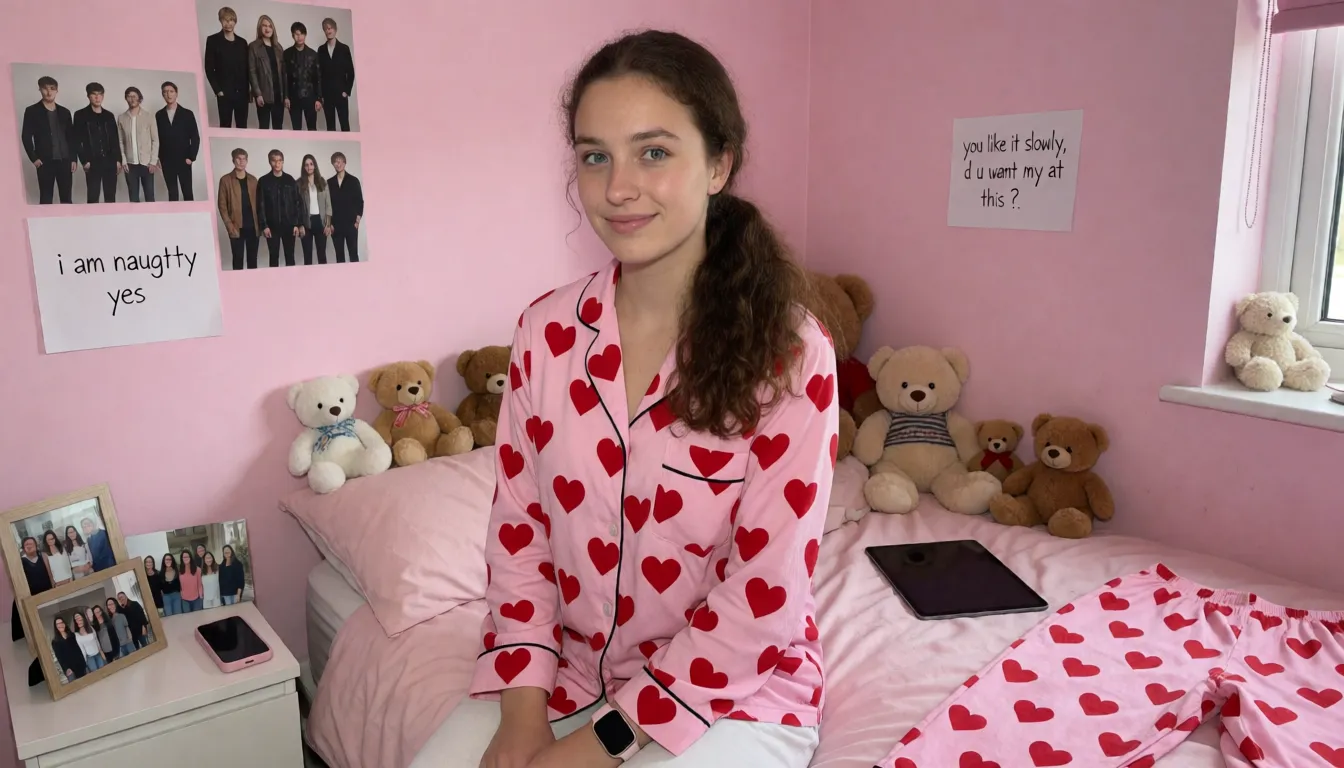 an amateur snapshot, A very thin, very short 18 year old woman. With long brown curly hair platted in ponytail. Wearing pink pyjama top with love hearts on in red, she is naked from the waist down,white socks, pink Apple Watch, gold stud earrings, bright blue eyes, pale skin, freckles on face, spots on skin, braces on teeth, no make up on face , no make up or lipstick, is bent forward onto her knees and resting on her right hand with her back to camera, feminine bedroom, you can see pink shaven wet pussy and her big full round plump ass. Her left hand is spreading her ass. A couple of picture of music groups on the wall, photos of friends in groups on bedside table, iPad on bed, several teddy bears and cuddly toys on pink bed. Pink mobile phone on bedside table. She is looking at the camera, her eyes are closed and her mouth is wide open, tongue not out. There is a piece of paper on the wall with a clearly written note on , it says ' i am naughty ' on the bed are a pair of scrunched up pair of pink pyjama bottoms with love hearts in red on. On the wall there is another piece of paper that has a clearly written note on that says ' you like it big yes ? ' there is another piece of paper on the wall with clearly written ' u like fucking em at this age mm' kneeling on the bed behind her, you can't see above his shoulders, is a 47 year old painter decorator overweight with tattoos on his arms. He is wearing dirty white shirt with paint on, his jeans with paint on are pulled down to his knees and he is wearing black trainers with paint on. He has one hand on pulling her ponytail and he is fucking her with his big hard 9 inch long hard fat cock. Her left hand is touching his cock as he fucks her. He is not wearing underwear. He is wearing a black cheap sports watch and has a thick gold band wedding ring on his finger. There is another piece of paper on the wall with clearly written on it ' fuck me slowly , d u want my ass ?.' His cock is wet with her pussy juices. There another clearly written note on a piece of paper that says ' yes love big cock mm', plenty of natural daylight, flat even light, casual unposed snapshot, natural everyday colour, mild noise, natural unretouched skin, strikingly beautiful, radiant complexion, early twenties