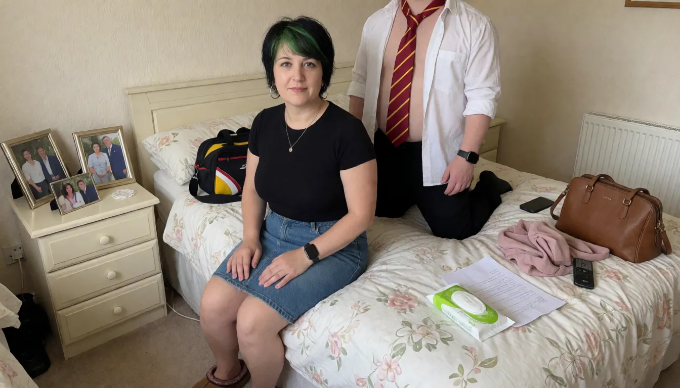 an amateur snapshot, In a dated married couples bedroom. With a couple of family photos in frames on the bedside table, a  tall 46 year not slim with good size breasts,  she is bent forward on her knees onto her elbows with back up camera on the bed, looking over her shoulder her tongue is slightly out. her ass facing the camera. She has short black hair with green highlights, no make or lipstick on her face. Big hoop silver earrings,  silver necklace, Apple Watch on her wrists and thick gold band wedding ring on her finger. Wearing tight black T-shirt that shows her cleavage, denim skirt that is pulled up over her waist , brown fluff, slippers, no underwear. On the bed kneeling behind her is a very short white man 18 years old, You can't see above his shoulders. He is wearing a half opened white shirt, his black trousers are around his knees, no underwear, he is wearing a red and yellow tie and a black sports watch and lanyard..  he has one hand on her ass and is fucking her with his 9inch long fat hard thick cock. On the floor is a black , you can see his cock fucking her, on the bed is a sports bag. On the bed are a packet of wet wipes, some loose condoms. There is a clearly written note on the wall that says ' you have such a nice big cock mm' Her eyes are looking upwards and her mouth wide open. There is another clearly written note on the wall that says ' come on fuck me I love big cock mm' there is a scrunched up pair of pink panties on the bed and a brown handbag and a mobile phone. There is another note ' fuck me I do need it Billy mmm' there is another clearly written note on a piece of paper that says ' Becky would love this mm', plenty of natural daylight, flat even light, casual unposed snapshot, natural everyday colour, mild noise, natural unretouched skin, strikingly beautiful, radiant complexion, early twenties