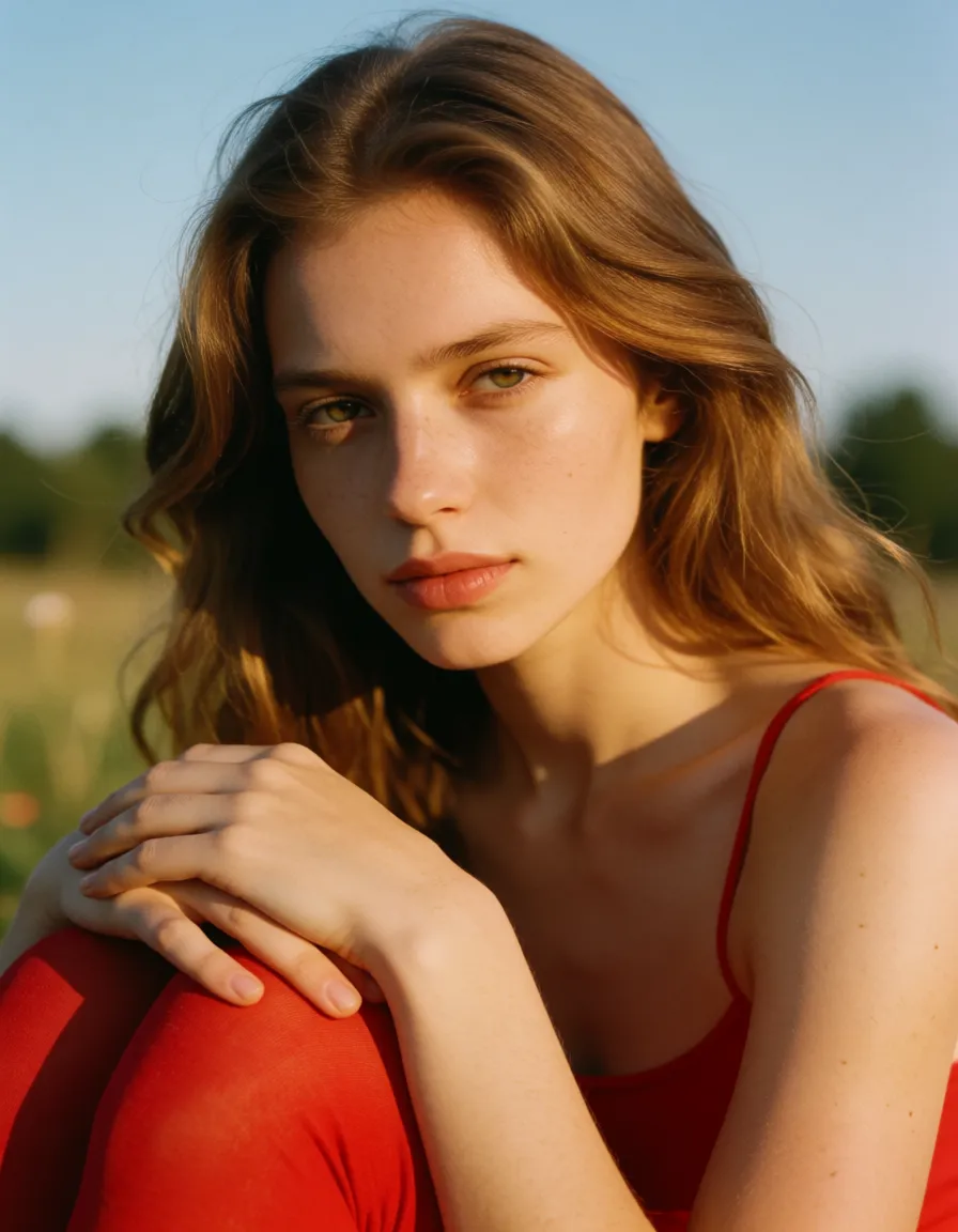 a photograph, Мама медсестра,в красных чулках,с раздвинутыми ногами,с большими сиськами. Густая,белая сперма на груди, warm golden afternoon daylight, soft natural shadows, warm amber tones, gentle contrast, fine film grain, smooth clear skin, strikingly beautiful, radiant complexion, early twenties