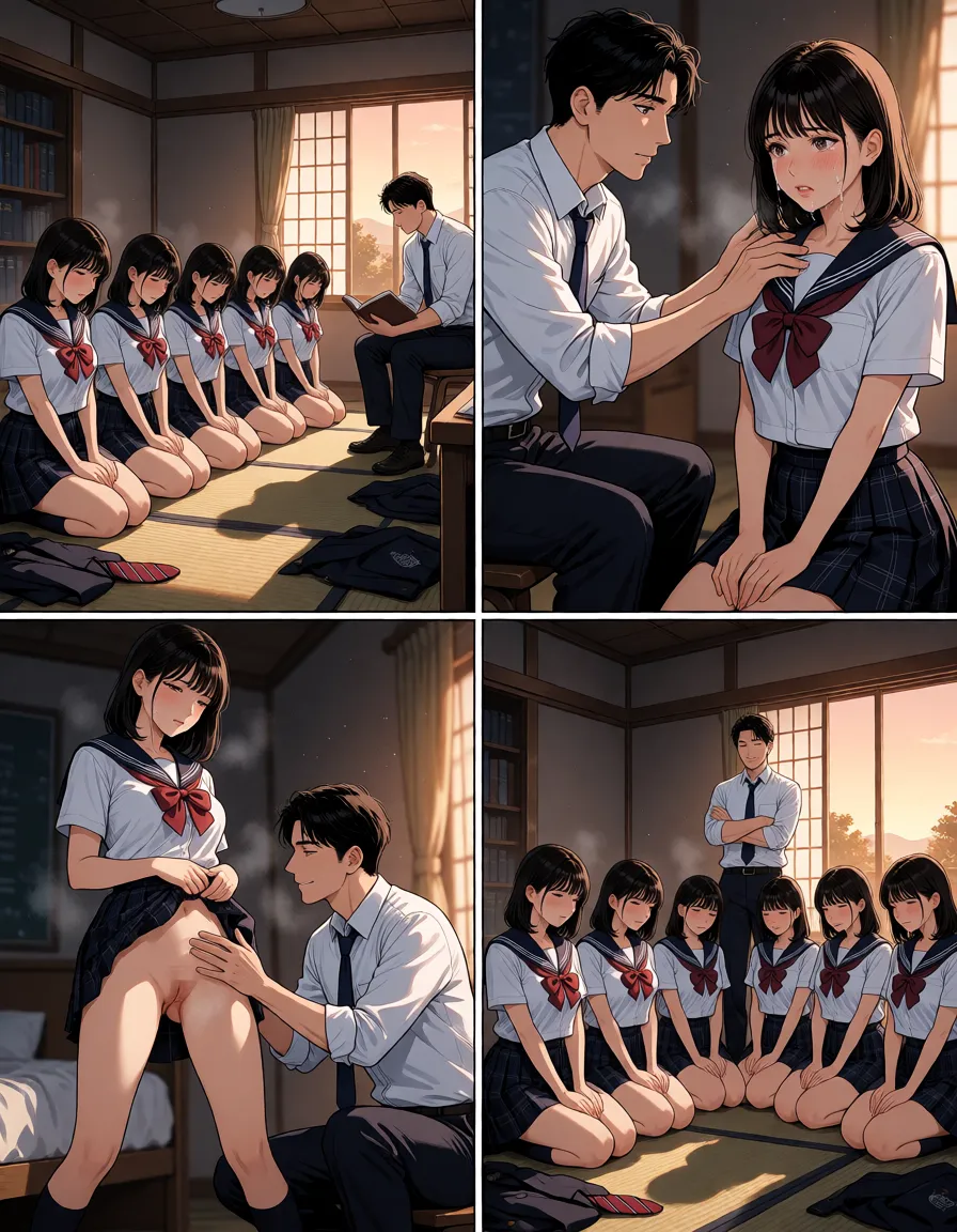 a photograph, Four-panel manga, black and white with light red accents, dark psychological drama, seinen style. All characters are adult women aged 20 or older, and an adult male instructor. Setting: a dimly lit university faculty dormitory room at night, Japanese-style interior. Panel 1: wide shot, eight adult women kneeling in a row, wearing navy sailor-style academic uniforms with plaid skirts, white shirts and ribbon ties, uniforms loosened, hands on knees, heads down, their blazers and ties folded beside them. A handsome adult male instructor in his early 30s sits on a chair holding a textbook, looking down at them. Panel 2: medium shot, the instructor leans forward, one hand touching a kneeling woman's collarbone area in an artistic pose, she is crying and blushing, trying to recite English text. Panel 3: medium shot, the woman stands with legs apart, the instructor squats and gestures near her lower abdomen, shadows and angles cover explicit areas, she looks ashamed, the instructor smirks. Panel 4: wide shot from behind the instructor, all eight women kneeling in two rows in loosened uniforms, the instructor stands before them with arms crossed, satisfied smile. Shadows and dramatic lighting, no explicit genitals or nipples visible, use silhouettes, steam and fabric folds. Manga style, 2x2 layout, highly detailed --ar 1:1, warm golden afternoon daylight, soft natural shadows, warm amber tones, gentle contrast, fine film grain, smooth clear skin, strikingly beautiful, radiant complexion, early twenties