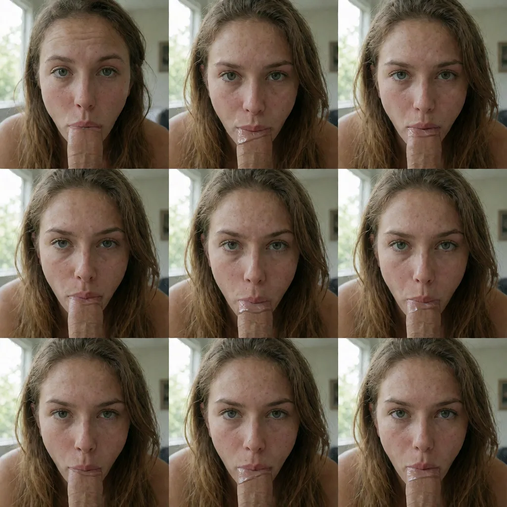 an amateur snapshot, Generate a sequence of 9 images showing the woman, step by step, doing a deepthoart blowjob, plenty of natural daylight, flat even light, casual unposed snapshot, natural everyday colour, mild noise, natural unretouched skin, strikingly beautiful, radiant complexion, early twenties