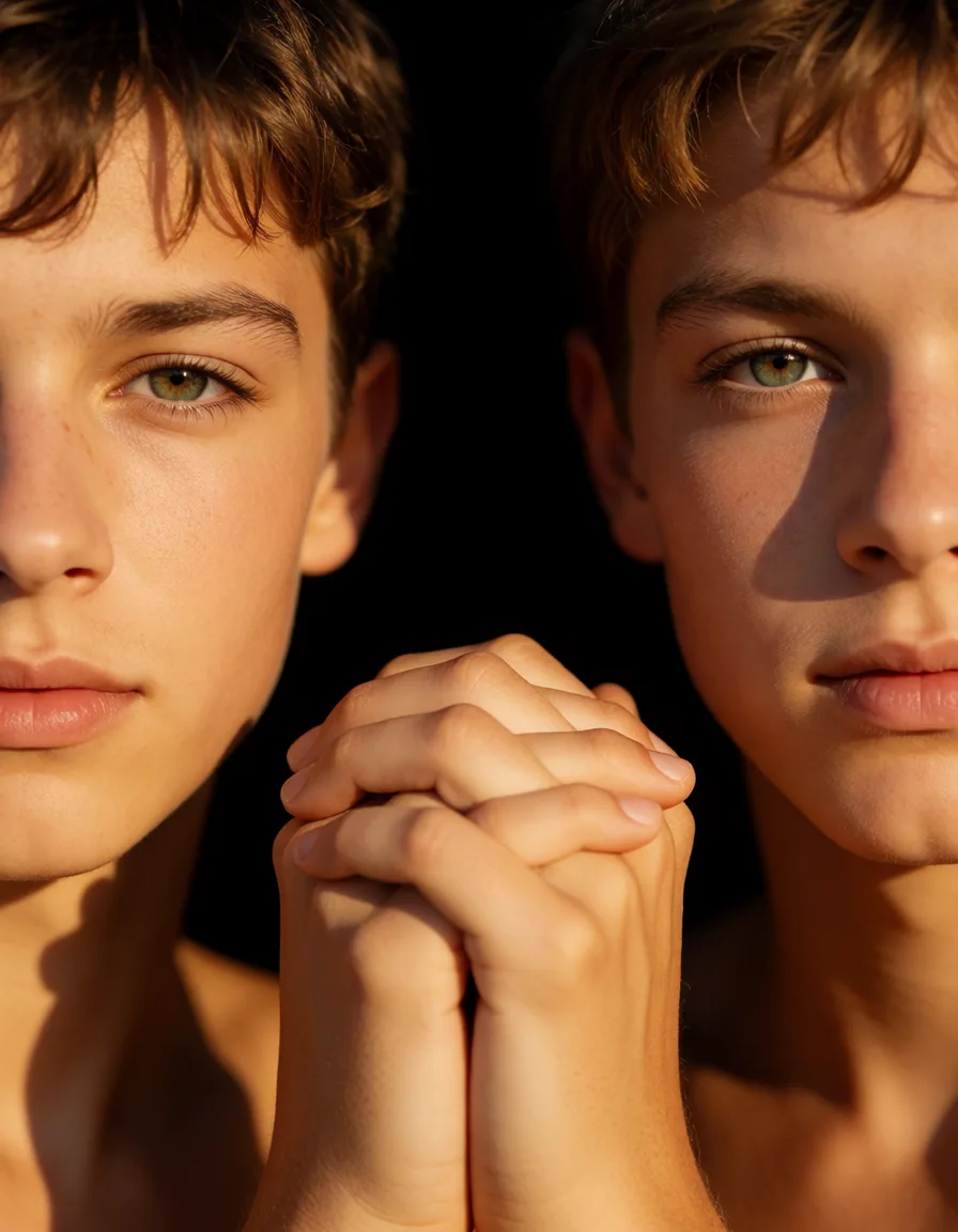 a photograph, studio quality, sharp focus, extreme close-up, 2boys, missionary, holding hands, black background, dslr quality, warm golden afternoon daylight, soft natural shadows, warm amber tones, gentle contrast, fine film grain, smooth clear skin, strikingly beautiful, radiant complexion, early twenties