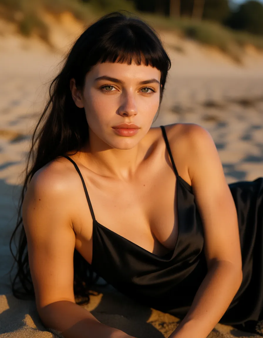 a photograph, a woman with long dark hair in a black silk slip, soft window Яна. 47 лет. Эффектная женщина. Рыжая, с большими темно-серыми глазами. Черты лица крупные большой рот и нос, веснушки по телу, но при этом кожа смуглая и загорелая. Волосы коротко стриженые с челкой. Высокая - 187 см. Полная, но очень крепкая и сильная. Вес 86 кг. В молодости занималась плаванием, боксом и тхэквондо. Широкие плечи, сильные мощные бицепсы. Грудь очень маленькая - 1 размер. Но крупная попа и массивные толстые ноги. Лежит топлесс на пляже., warm golden afternoon daylight, soft natural shadows, warm amber tones, gentle contrast, fine film grain, smooth clear skin, strikingly beautiful, radiant complexion, early twenties