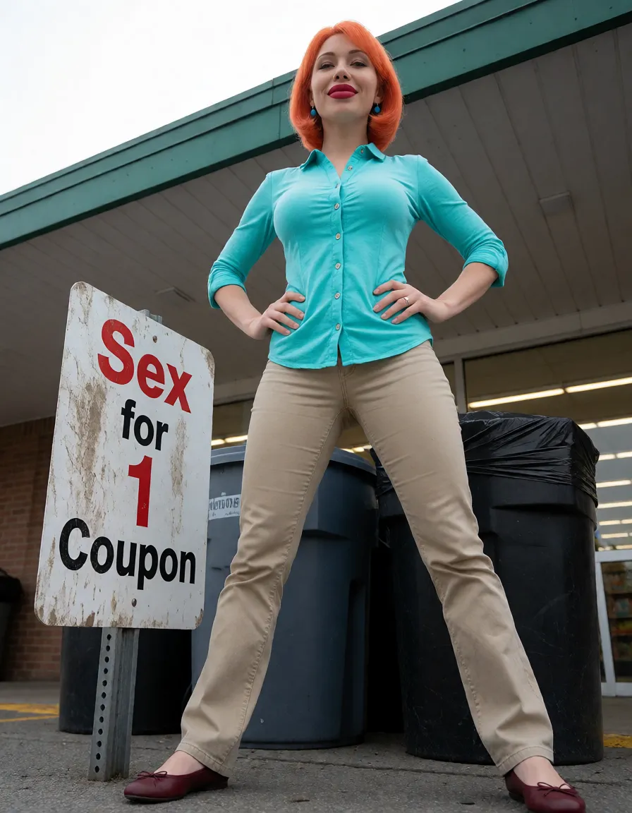 an amateur snapshot, Lois stands straight, legs wide apart, hands on her hips, back facing forward. Next to her is a dirty sign that says "Sex for 1 Coupon." The action takes place behind a supermarket near garbage cans; the shooting is from below.Lois Griffin (from the TV series "Family Guy"; hereinafter - "Lois") (realistic face) has very curvy buttocks, a large bust, a thin waist and a toned figure, she has extremely plump lips. Lois is wearing everyday tight clothes - Turquoise all-buttoned with three-quarter sleeves and a collar, burgundy ballet flats, long khaki pants.Lois has blue earrings. On her lips - rich bright red lipstick. On her finger is a wedding ring. Lois is pleased with herself., plenty of natural daylight, flat even light, casual unposed snapshot, natural everyday colour, mild noise, natural unretouched skin, strikingly beautiful, radiant complexion, early twenties