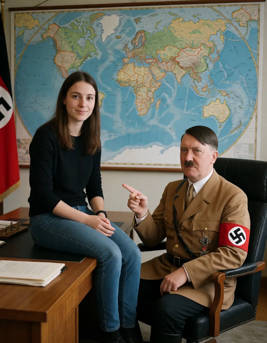 an amateur snapshot, Naked german woman sitting on wooden desk in hitlers office, presenting big round ass to hitler, entire world map is tattooed on her ass, leather slave collar, leather slave cuffs, swastika tattoo, nazi badge, hitler sitting in his chair pointing at her ass,, plenty of natural daylight, flat even light, casual unposed snapshot, natural everyday colour, mild noise, natural unretouched skin, strikingly beautiful, radiant complexion, early twenties