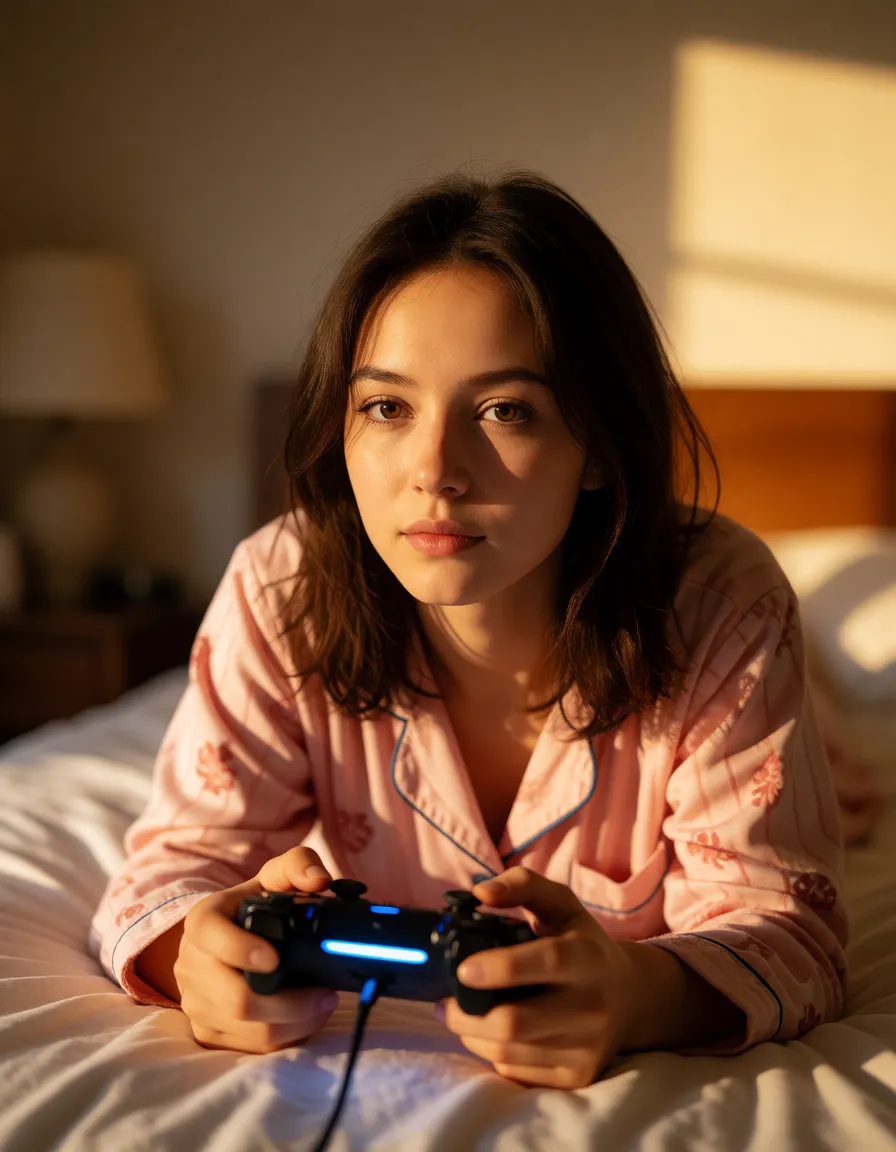 a photograph, Woman next door, 21yo, Slim frame gamer woman playing video games, wearing pajamas, laying on stomach, on bed, anal sex, warm golden afternoon daylight, soft natural shadows, warm amber tones, gentle contrast, fine film grain, smooth clear skin, strikingly beautiful, radiant complexion, early twenties