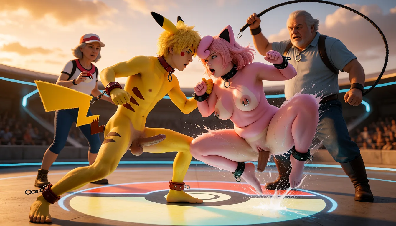 a photograph, Short skinny naked male Japanese slave cosplayer body painted in the style of Pikachu Pokémon with Pikachu ears and a Pikachu tail as butt plug, penis hard, slave collar and red leather slave cuffs around wrists and ankles, deep squat battle stance with aggressive lunging motion inside a futuristic Pokémon arena. Battle against short female cosplayer slave body painted in style of Jigglypuff, chubby sexy body, pink nipple rings, slave collar and cuffs, squatting then exploding into a powerful jump attack, legs spread and body twisting mid-air as she collides with him in dynamic sweaty sexual combat with thrusting hips and grabbing hands. Behind the male slave stands an old female Pokémon trainer posing with a Poké Ball. Behind the female slave stands a tall fat old male trainer, angry expression, holding a long whip raised in his hand. They fight on the glowing ground of a futuristic Pokémon arena marked with a large Poké Ball sigil, high motion, dramatic lighting, explicit anatomy. Penis masturbation, warm golden afternoon daylight, soft natural shadows, warm amber tones, gentle contrast, fine film grain, smooth clear skin, strikingly beautiful, radiant complexion, early twenties
