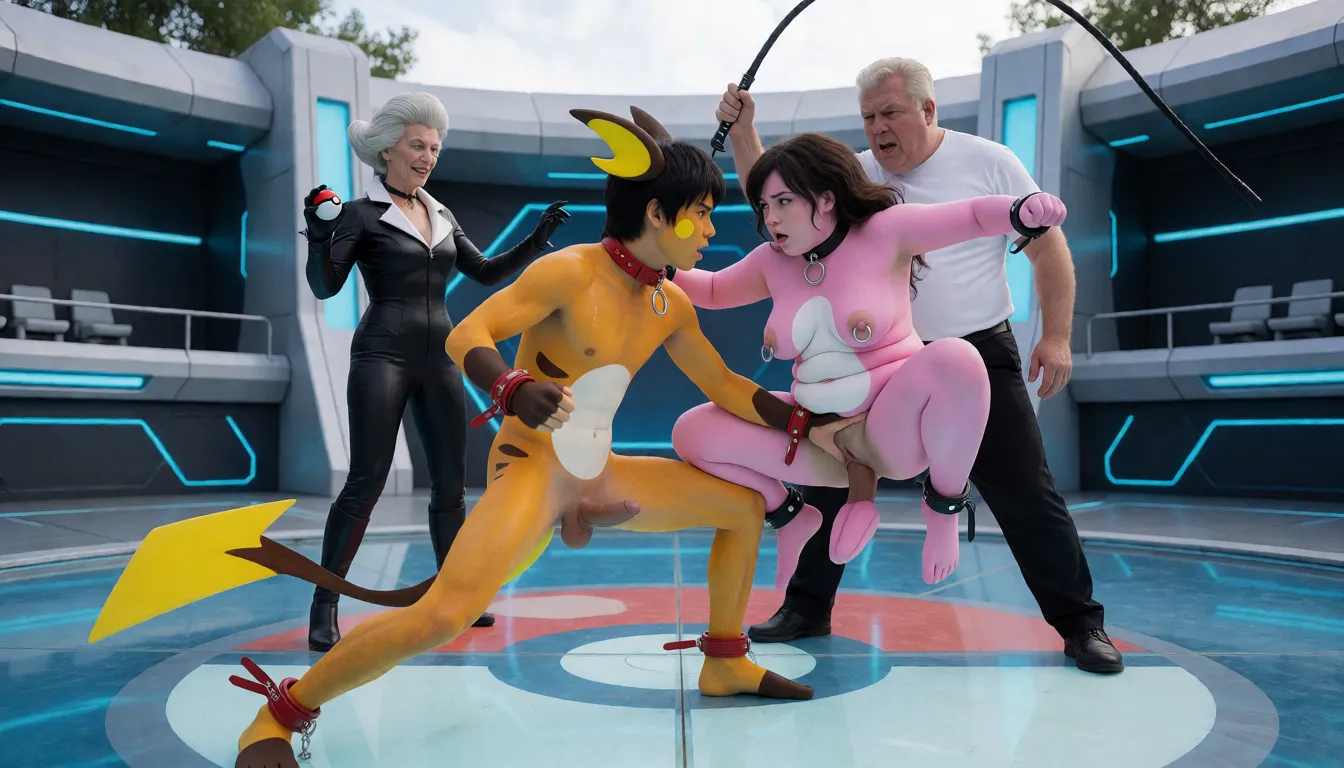 an amateur snapshot, Short skinny naked male Japanese slave cosplayer body painted in the style of Raichu Pokémon with Raichu ears and a Raichu tail as butt plug, penis hard, slave collar and red leather slave cuffs around wrists and ankles, deep squat battle stance with aggressive lunging motion inside a futuristic Pokémon arena. Battle against short female cosplayer slave body painted in style of Wigglytuff, chubby sexy body, pink nipple rings, slave collar and cuffs, squatting then exploding into a powerful jump attack, legs spread and body twisting mid-air as she collides with him in dynamic sweaty fighting-style sex with thrusting hips, penetration and grabbing hands. Behind the male slave stands an old tall female Pokémon trainer in tight black domina outfit posing with a Poké Ball. Behind the female slave stands a tall fat old male trainer, angry expression, holding a long whip raised in his hand. They fight and fuck on the glowing ground of a futuristic Pokémon arena marked with a large Poké Ball sigil, high motion,, plenty of natural daylight, flat even light, casual unposed snapshot, natural everyday colour, mild noise, natural unretouched skin, strikingly beautiful, radiant complexion, early twenties