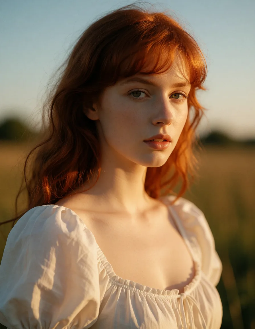 a photograph, cinematic photo, 8k, redhead woman, swept bangs, puffy sleeves, ahegao, neon glow, hyperrealistic, warm golden afternoon daylight, soft natural shadows, warm amber tones, gentle contrast, fine film grain, smooth clear skin, strikingly beautiful, radiant complexion, early twenties