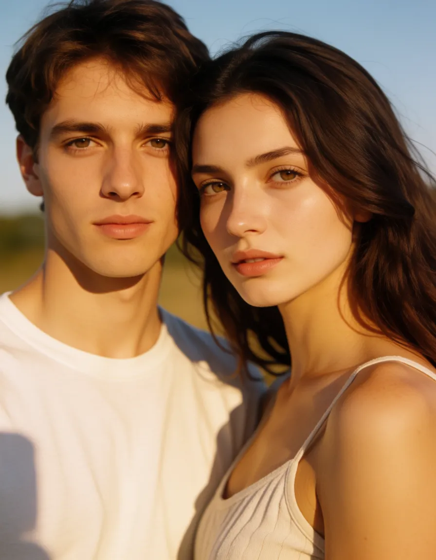 a photograph, Девушка брюнетка садится на лицо парню, warm golden afternoon daylight, soft natural shadows, warm amber tones, gentle contrast, fine film grain, smooth clear skin, strikingly beautiful, radiant complexion, early twenties