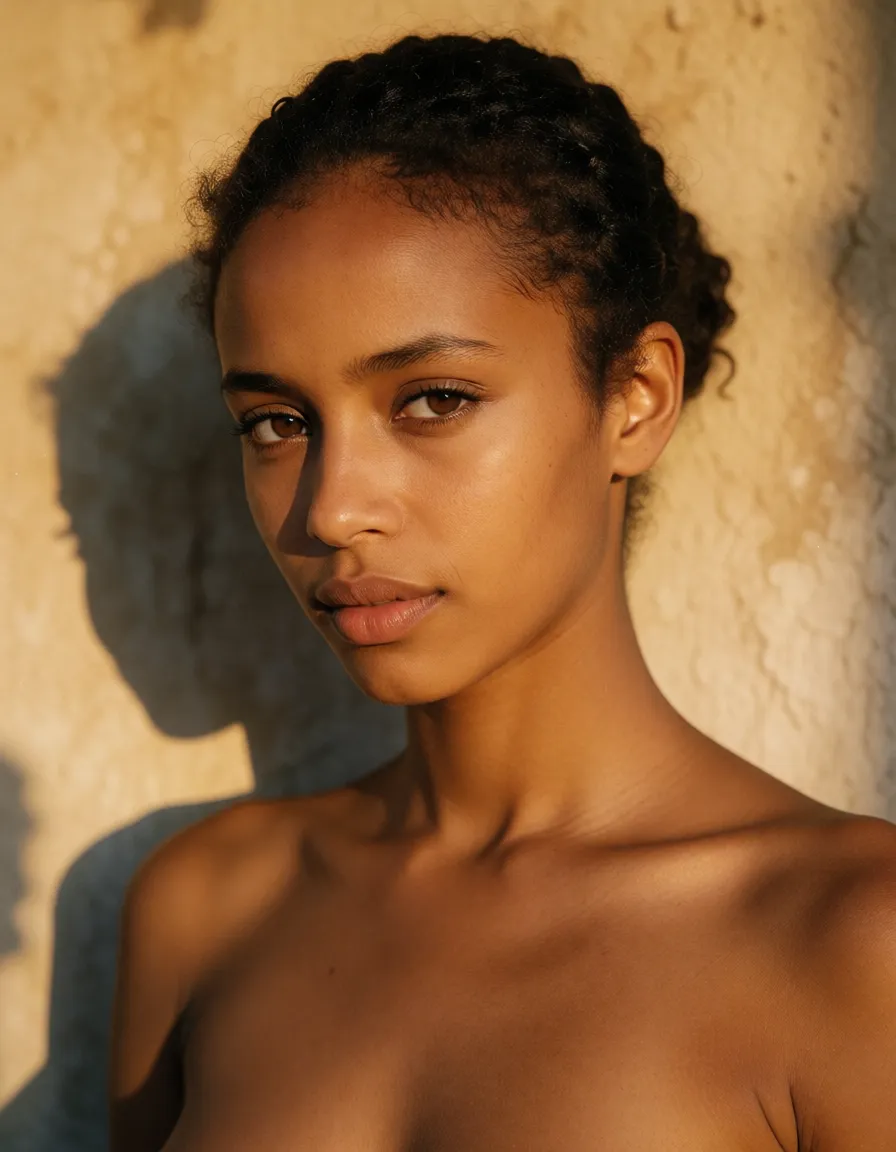 a photograph, ethiopian muslim woman with big ass, warm golden afternoon daylight, soft natural shadows, warm amber tones, gentle contrast, fine film grain, smooth clear skin, strikingly beautiful, radiant complexion, early twenties