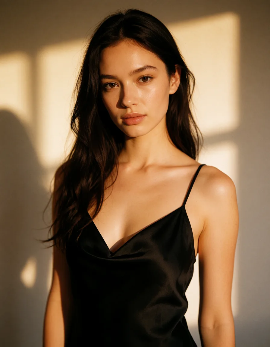 a photograph, Eine Frau mit langem, dunklem Haar in einem schwarzen Seidenkleid, undress, warm golden afternoon daylight, soft natural shadows, warm amber tones, gentle contrast, fine film grain, smooth clear skin, strikingly beautiful, radiant complexion, early twenties
