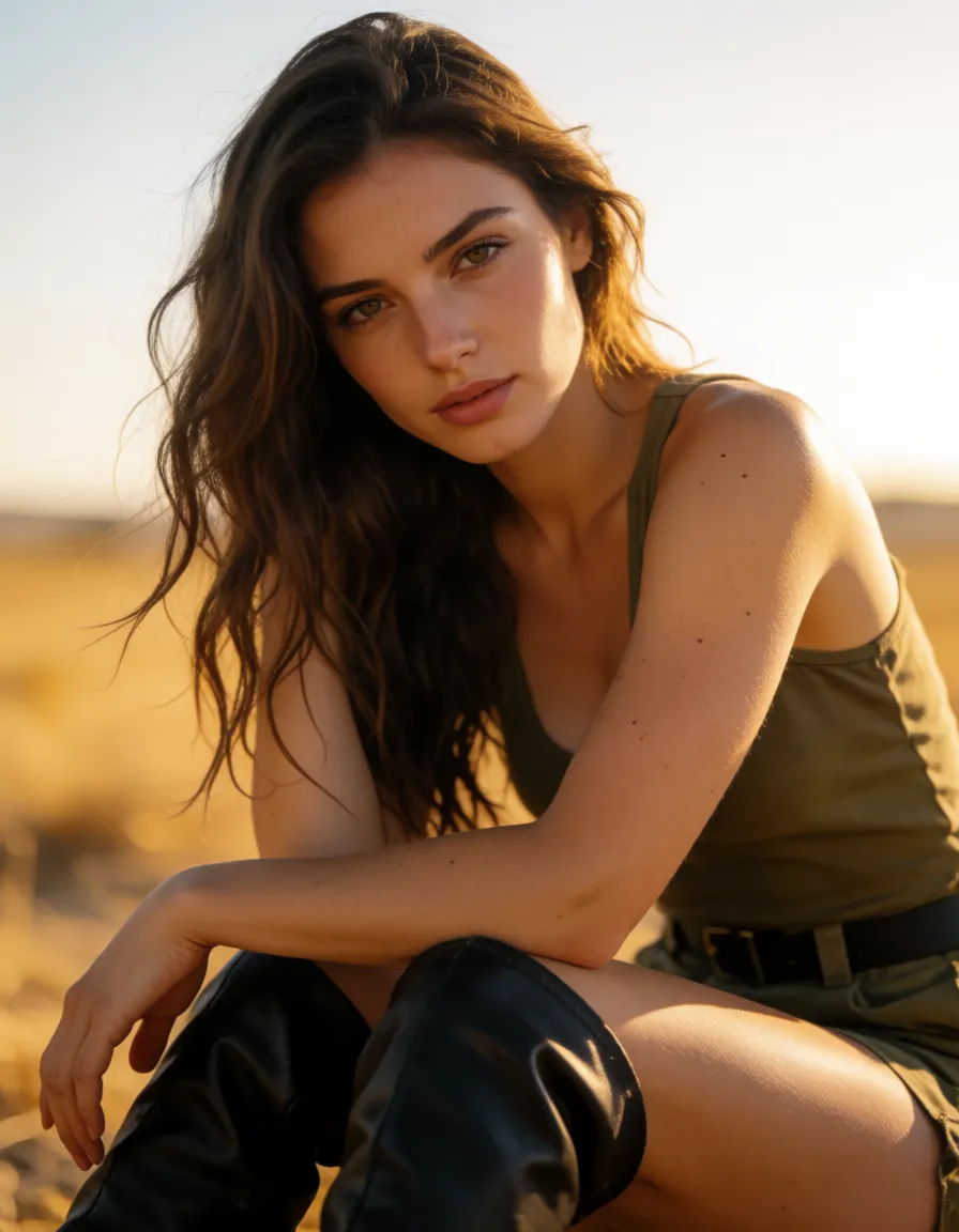 a photograph, 8k, sharp focus, detailed skin, demon woman, topless, thigh boots, military, dslr quality, warm golden afternoon daylight, soft natural shadows, warm amber tones, gentle contrast, fine film grain, smooth clear skin, strikingly beautiful, radiant complexion, early twenties