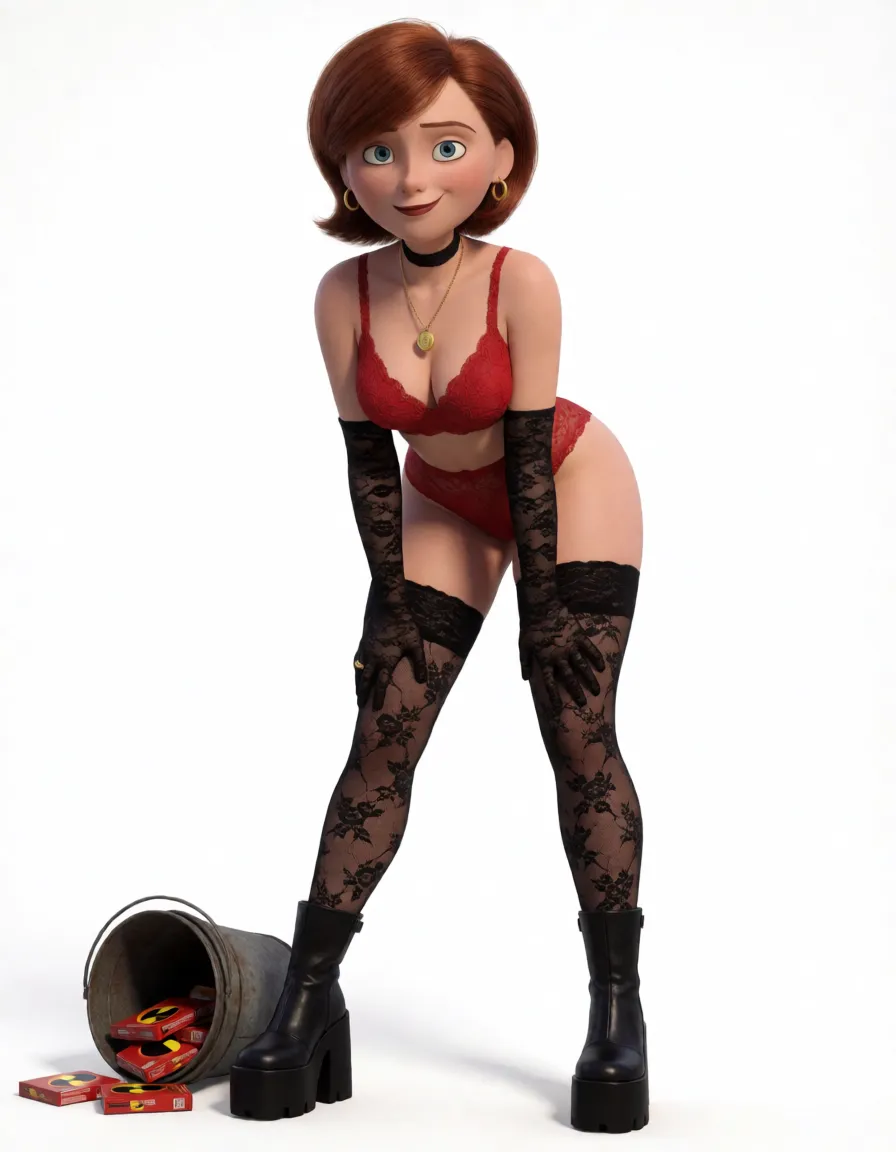 a studio photograph, Helen Parr—Elastigirl from the movie *The Incredibles* (hereinafter referred to as Helen)—has full buttocks and breasts, very full lips, and a slender waist; she also has large, dark brown areolas and nipples. She is wearing black lace stockings, a red lace bra, long black lace gloves, and black boots with high platforms and chunky soles. Her black lace panties are pulled down and hanging at mid-thigh. She wears a gold chain with a small gold locket and a black choker, as well as gold hoop earrings and a ring. Helen is wearing black mascara and dark red lipstick. She has a tattoo of the Parr superhero family symbol from *The Incredibles* on her pubic area. The words "Fuck me" and "Cum inside me" are written on her buttocks. A large black vector image of a sun (hollow in the center) is drawn around the areola of her left breast. She has a red flush on her cheeks.Helen is being fucked by beggars in the slums under the bridge. Helen is engaging in a gangbang with the beggars; they fuck her deep in the vagina, deep in the anus, and deep in the mouth. The beggars ejaculate massive amounts of semen inside Helen; the semen spills out in extraordinary quantities from her mouth, vagina, and anus. Helen performs deep-throat fellatio; her eyes have rolled back from orgasm. A great deal of black mascara has run and smeared from her eyes. The ground is littered with vast amounts of semen and used condoms; used condoms containing semen are draped over Helen's stockings. Helen is covered from head to toe in copious amounts of white semen. Nearby lies an overturned bucket, spilling out packs of condoms., even shadowless studio light, plain white background, clean rich colour, flawless polished skin, strikingly beautiful, radiant complexion, early twenties