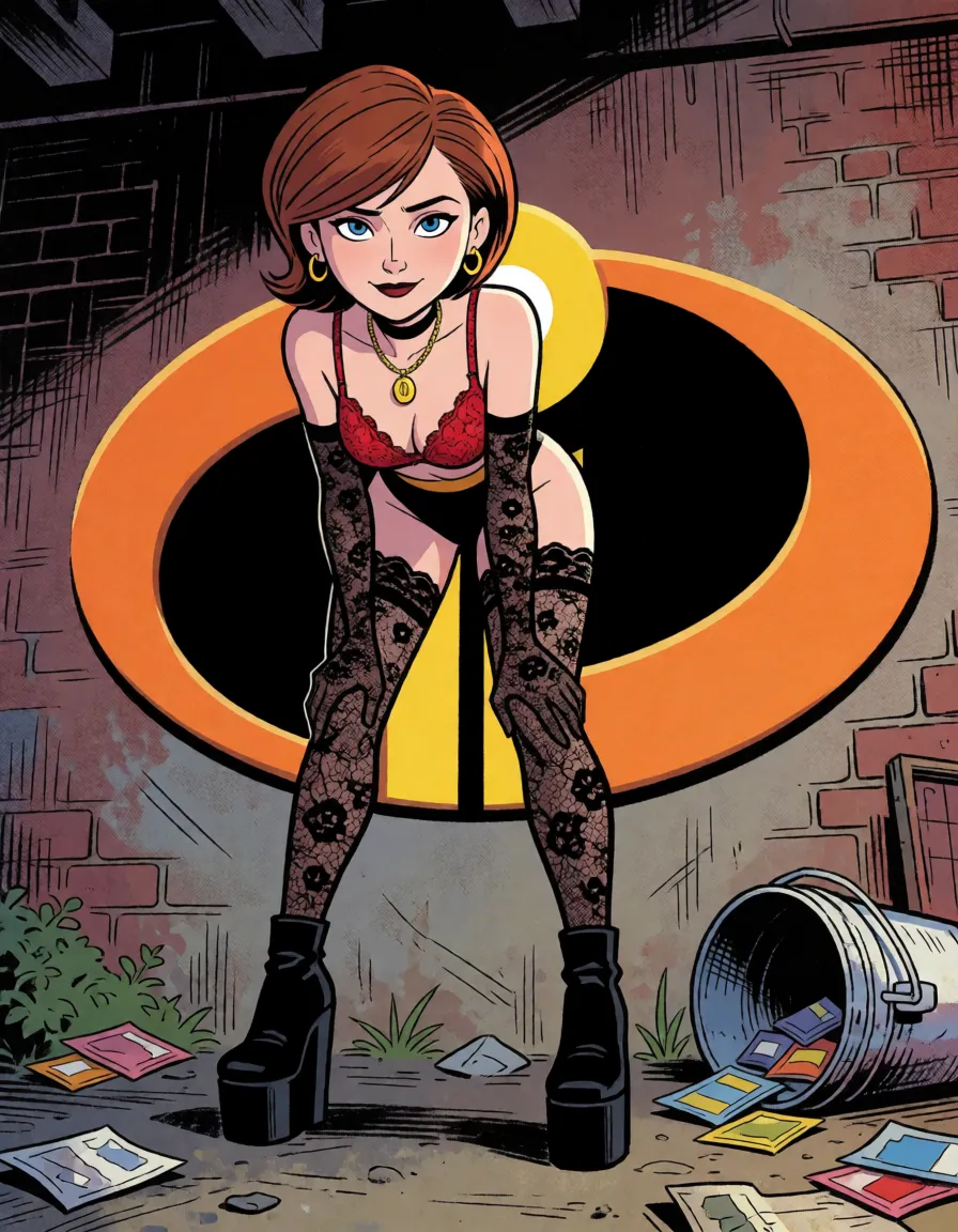comic book art, Helen Parr—Elastigirl from the movie *The Incredibles* (hereinafter referred to as Helen)—has full buttocks and breasts, very full lips, and a slender waist; she also has large, dark brown areolas and nipples. She is wearing black lace stockings, a red lace bra, long black lace gloves, and black boots with high platforms and chunky soles. Her black lace panties are pulled down and hanging at mid-thigh. She wears a gold chain with a small gold locket and a black choker, as well as gold hoop earrings and a ring. Helen is wearing black mascara and dark red lipstick. She has a tattoo of the Parr superhero family symbol from *The Incredibles* on her pubic area. The words "Fuck me" and "Cum inside me" are written on her buttocks. A large black vector image of a sun (hollow in the center) is drawn around the areola of her left breast. She has a red flush on her cheeks.Helen is being fucked by beggars in the slums under the bridge. Helen is engaging in a gangbang with the beggars; they fuck her deep in the vagina, deep in the anus, and deep in the mouth. The beggars ejaculate massive amounts of semen inside Helen; the semen spills out in extraordinary quantities from her mouth, vagina, and anus. Helen performs deep-throat fellatio; her eyes have rolled back from orgasm. A great deal of black mascara has run and smeared from her eyes. The ground is littered with vast amounts of semen and used condoms; used condoms containing semen are draped over Helen's stockings. Helen is covered from head to toe in copious amounts of white semen. Nearby lies an overturned bucket, spilling out packs of condoms., bold black ink outlines, halftone dot shading, cross hatched shadows, flat four colour print palette, hard high contrast comic inking, printed comic page, strikingly beautiful, radiant complexion, early twenties